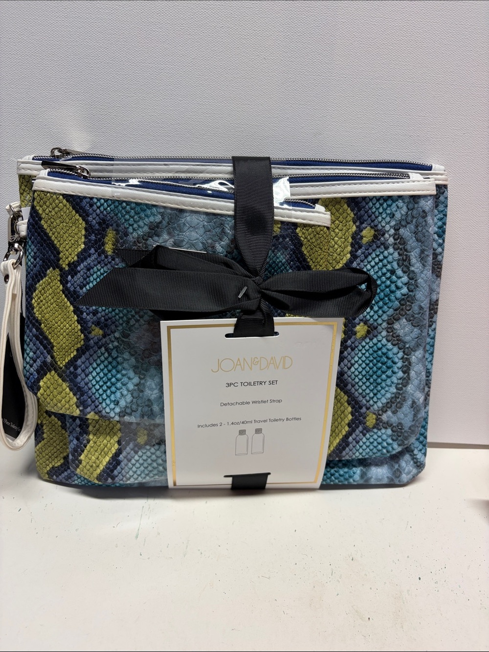 Joan & David Blue Yellow Snake-Print 3PC Cosmetic Set